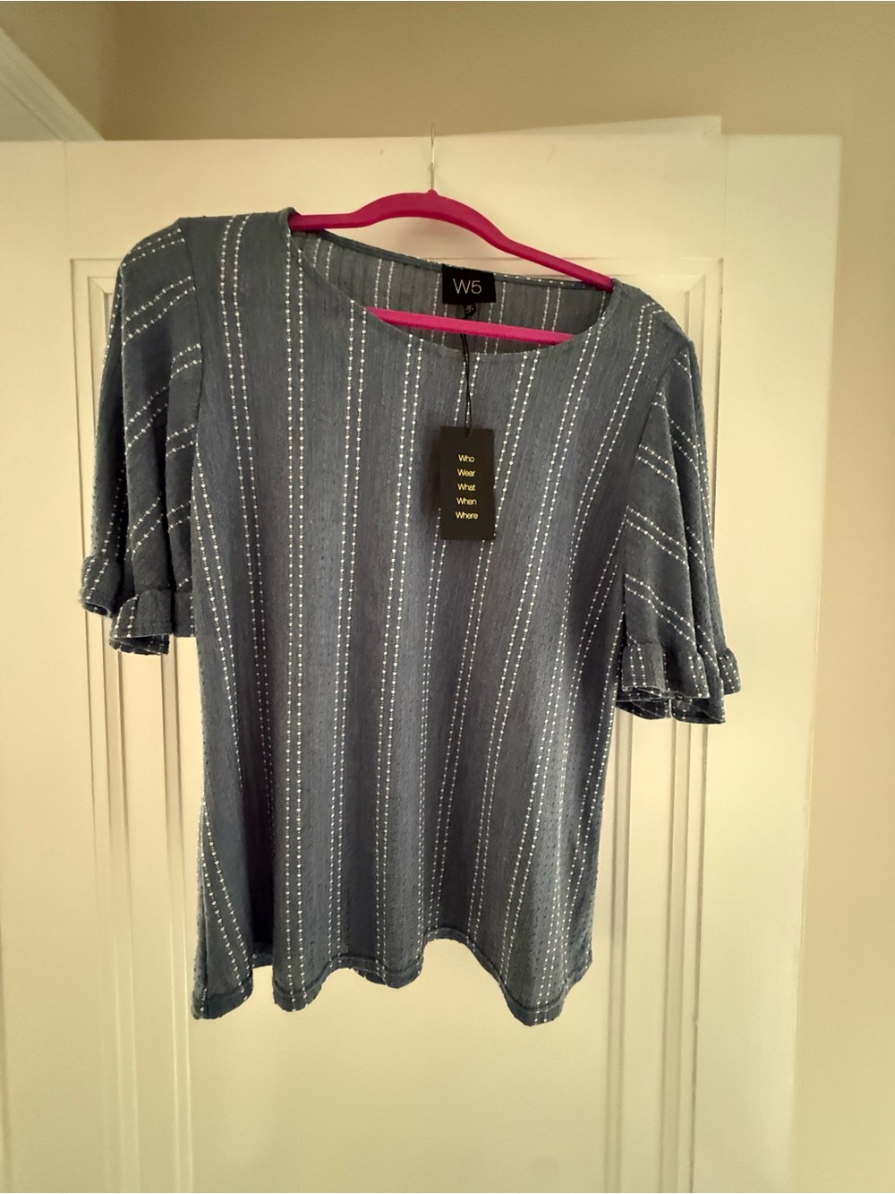 W5 Blue Vertical-Stripe Ruffle Sleeve Top